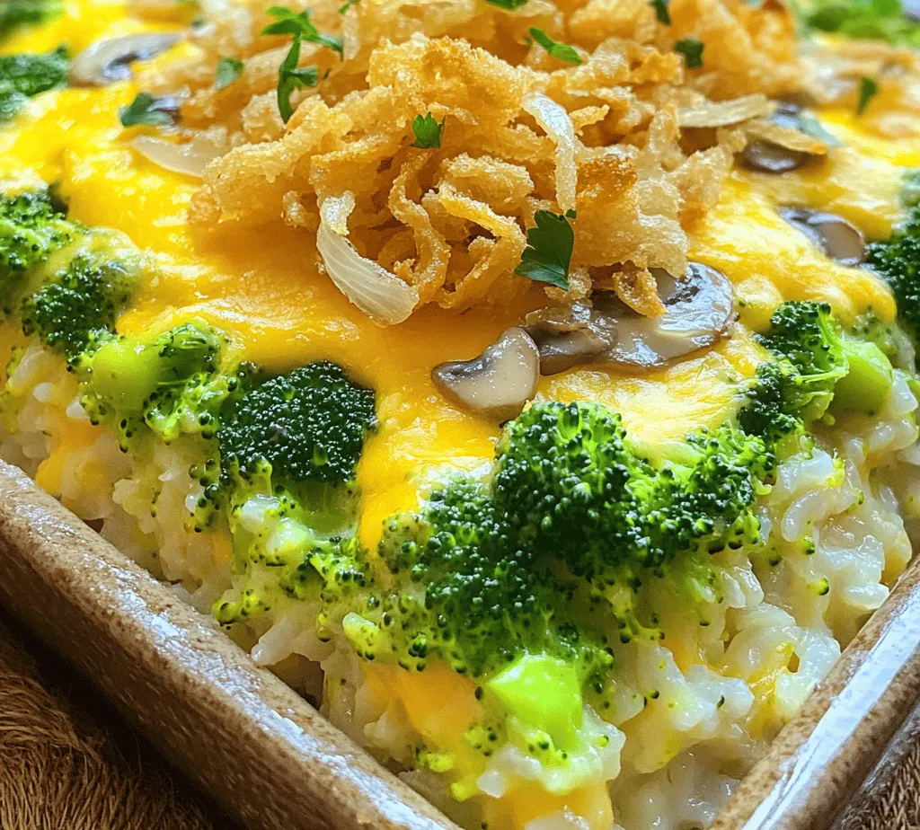 When it comes to comfort food, few dishes can rival the heartwarming embrace of a well-made casserole. These one-dish wonders are not only easy to prepare but also provide a cozy, satisfying meal that brings family and friends together. Among the myriad of casserole options, the <strong>Cheesy Broccoli Bliss Casserole</strong> stands out as a perfect blend of flavors, textures, and nutritional benefits. This recipe is a delightful fusion of fresh vegetables and rich, cheesy goodness, making it an ideal choice for anyone looking to enjoy the best of both worlds.” /></p>
</p>
<h2>Nutritional Aspects of Cheesy Broccoli Bliss Casserole</h2>
</p>
<p>When you think of comfort food, casseroles often come to mind. The Cheesy Broccoli Bliss Casserole not only delights the taste buds but also offers a variety of nutritional benefits that make it a wholesome meal option. Let’s explore the nutritional aspects of the key ingredients in this dish and how they contribute to a balanced diet.</p>
</p>
<h3>Broccoli: A Nutrient Powerhouse</h3>
</p>
<p>Broccoli is the star of the Cheesy Broccoli Bliss Casserole, and for good reason. This green vegetable is loaded with vitamins and minerals that are essential for maintaining overall health. A single serving of broccoli provides significant amounts of:</p>
</p>
<p>– <strong>Vitamin C</strong>: Known for its immune-boosting properties, vitamin C also plays a crucial role in the synthesis of collagen, promoting healthy skin and joints.</p>
<p>– <strong>Vitamin K</strong>: Important for blood clotting and bone health, vitamin K is abundant in broccoli, making it a great addition to any diet.</p>
<p>– <strong>Folate</strong>: This B vitamin is essential for DNA synthesis and repair, making it crucial during periods of rapid growth, such as pregnancy and childhood.</p>
<p>– <strong>Fiber</strong>: Broccoli is high in dietary fiber, which aids in digestion, helps control blood sugar levels, and contributes to heart health.</p>
<p>– <strong>Antioxidants</strong>: Compounds such as sulforaphane in broccoli have been shown to have protective effects against certain types of cancer.</p>
</p>
<p>Incorporating broccoli into your meals not only enhances flavor but also ensures you’re getting a wealth of nutrients.</p>
</p>
<h3>Rice as a Comfort Food</h3>
</p>
<p>Rice, often considered a staple grain, is a vital component of the Cheesy Broccoli Bliss Casserole. As a whole grain, rice offers a variety of benefits:</p>
</p>
<p>– <strong>Energy Source</strong>: Rice is primarily made up of carbohydrates, which are the body’s main source of energy. This makes it an excellent choice for those needing sustained energy throughout the day.</p>
<p>– <strong>B Vitamins</strong>: Whole grain rice contains essential B vitamins, including thiamine and niacin, which are important for energy metabolism and overall health.</p>
<p>– <strong>Versatile Base</strong>: Rice pairs well with a variety of flavors and ingredients, making it an adaptable choice for different cuisines and dietary preferences.</p>
</p>
<p>While rice is indeed comforting, it’s essential to choose whole grain varieties, such as brown rice or wild rice, to maximize nutritional benefits.</p>
</p>
<h3>Cheese: A Dairy Delight</h3>
</p>
<p>Cheese adds not only creaminess to the casserole but also a significant source of protein and calcium. However, it’s important to address some common concerns regarding dairy consumption:</p>
</p>
<p>– <strong>Protein Content</strong>: Cheese is rich in protein, which is vital for muscle repair and growth. Including cheese in your meals can help meet daily protein requirements.</p>
<p>– <strong>Calcium Source</strong>: Calcium is essential for maintaining strong bones and teeth. Cheese provides a good amount of calcium, making it a valuable addition to a balanced diet.</p>
<p>– <strong>Moderation is Key</strong>: While cheese is nutritious, it can be high in saturated fat and sodium. To balance its richness, moderation is advised. Choosing lower-fat options or using cheese sparingly can help maintain a healthier dish without sacrificing flavor.</p>
</p>
<h3>Creamy Components: Balancing Richness with Nutrition</h3>
</p>
<p>The creamy components of the Cheesy Broccoli Bliss Casserole, often derived from ingredients like cream or sour cream, add depth to the dish. However, it’s crucial to balance these rich elements with healthier choices:</p>
</p>
<p>– <strong>Opt for Light Versions</strong>: Consider using light sour cream or Greek yogurt as a substitute for traditional sour cream. These alternatives can provide similar creaminess with fewer calories and more protein.</p>
<p>– <strong>Portion Control</strong>: Serving appropriate portion sizes can help enjoy the creamy goodness without overindulging. Pairing the casserole with lighter side dishes can also help balance the meal.</p>
<p>– <strong>Add More Vegetables</strong>: To enhance the overall nutritional profile, consider adding more vegetables to the casserole. Ingredients like bell peppers, carrots, or spinach can elevate the dish’s health benefits.</p>
</p>
<h2>Variations and Customizations</h2>
</p>
<p>One of the best things about the Cheesy Broccoli Bliss Casserole is its versatility. You can easily customize the recipe to cater to different dietary preferences and tastes. Here are several ideas for variations and customizations:</p>
</p>
<h3>Vegetarian Alternatives</h3>
</p>
<p>For those following a vegetarian lifestyle, the casserole can easily be adapted by:</p>
</p>
<p>– <strong>Using Plant-Based Cheese</strong>: Substitute regular cheese with dairy-free cheese options made from nuts or soy. These alternatives can provide a similar flavor and texture while adhering to a plant-based diet.</p>
<p>– <strong>Utilizing Quinoa or Cauliflower Rice</strong>: Instead of traditional rice, consider using quinoa or cauliflower rice. Quinoa is a complete protein, while cauliflower rice is lower in calories and carbs, making it a great option for those watching their intake.</p>
</p>
<h3>Protein Add-Ins</h3>
</p>
<p>To boost the protein content of the casserole, consider adding:</p>
</p>
<p>– <strong>Cooked Chicken or Turkey</strong>: Shredded rotisserie chicken or cooked turkey can be mixed into the casserole for added flavor and nutrition.</p>
<p>– <strong>Legumes</strong>: Beans or lentils can also be incorporated for a vegetarian protein source. They not only enhance the casserole’s nutritional value but also add a hearty texture.</p>
</p>
<h3>Flavor Enhancements</h3>
</p>
<p>Experimenting with different flavors can take your casserole to the next level:</p>
</p>
<p>– <strong>Different Cheeses</strong>: Try using a blend of cheeses, such as cheddar, mozzarella, and gouda, for a more complex flavor profile. Each cheese offers its unique taste and texture.</p>
<p>– <strong>Spices and Herbs</strong>: Incorporate spices like garlic powder, onion powder, or Italian herbs to add depth. Fresh herbs such as parsley or chives can also brighten the dish.</p>
<p>– <strong>Additional Vegetables</strong>: Consider adding vegetables such as mushrooms, zucchini, or spinach for extra nutrients and flavors.</p>
</p>
<h3>Gluten-Free Options</h3>
</p>
<p>To accommodate gluten sensitivities, ensure that all components of the casserole are gluten-free:</p>
</p>
<p>– <strong>Use Gluten-Free Rice</strong>: Most rice varieties are naturally gluten-free. However, double-check the packaging to ensure no gluten-containing ingredients are present.</p>
<p>– <strong>Substituting Cream Soups</strong>: For those using cream soups, opt for gluten-free versions or make a homemade creamy sauce using gluten-free flour.</p>
</p>
<h2>Perfect Pairings and Serving Suggestions</h2>
</p>
<p>The Cheesy Broccoli Bliss Casserole is a fantastic dish on its own, but pairing it with complementary dishes can enhance the overall dining experience. Here are some suggestions:</p>
</p>
<h3>Side Dishes</h3>
</p>
<p>– <strong>Fresh Salad</strong>: A light salad with mixed greens, cherry tomatoes, and a lemon vinaigrette can provide a refreshing contrast to the richness of the casserole.</p>
<p>– <strong>Garlic Bread</strong>: Serving garlic bread on the side can add a delightful crunch and enhance the comfort food experience.</p>
<p>– <strong>Roasted Vegetables</strong>: A medley of seasonal roasted vegetables can add color and additional nutrients to the meal.</p>
</p>
<h3>Beverage Pairings</h3>
</p>
<p>– <strong>Wine</strong>: A crisp white wine, such as Sauvignon Blanc or Chardonnay, complements the creamy flavors of the casserole beautifully. For red wine enthusiasts, a light Pinot Noir can also work well.</p>
<p>– <strong>Non-Alcoholic Options</strong>: Sparkling water with a slice of lemon or a herbal iced tea can provide a refreshing counterbalance to the richness of the dish.</p>
</p>
<h3>Presentation Ideas</h3>
</p>
<p>– <strong>Serving in Individual Dishes</strong>: For a more elegant presentation, serve the casserole in individual ramekins. This not only looks appealing but also allows for portion control.</p>
<p>– <strong>Garnishing</strong>: Top the casserole with fresh herbs, like chopped parsley or thyme, before serving for a pop of color and freshness. A sprinkle of extra cheese can also make the dish visually inviting.</p>
</p>
<h2>Conclusion</h2>
</p>
<p>The Cheesy Broccoli Bliss Casserole is a versatile and nourishing dish that brings comfort to any table. Its combination of wholesome ingredients makes it not only a tasty option but also a great way to incorporate vegetables into your diet, appealing to both adults and children alike. With its ease of preparation and endless customization possibilities, this casserole can easily become a staple in your cooking repertoire.</p>
</p>
<p>Whether you enjoy it as a hearty main dish or as a side, the Cheesy Broccoli Bliss Casserole is sure to impress. Celebrate its flavor, nutritional benefits, and the joy it brings to family meals. Encourage readers to embrace this delicious recipe and make it their own, exploring the various adaptations that can suit any palate or dietary need. Happy cooking!</p>
</div>