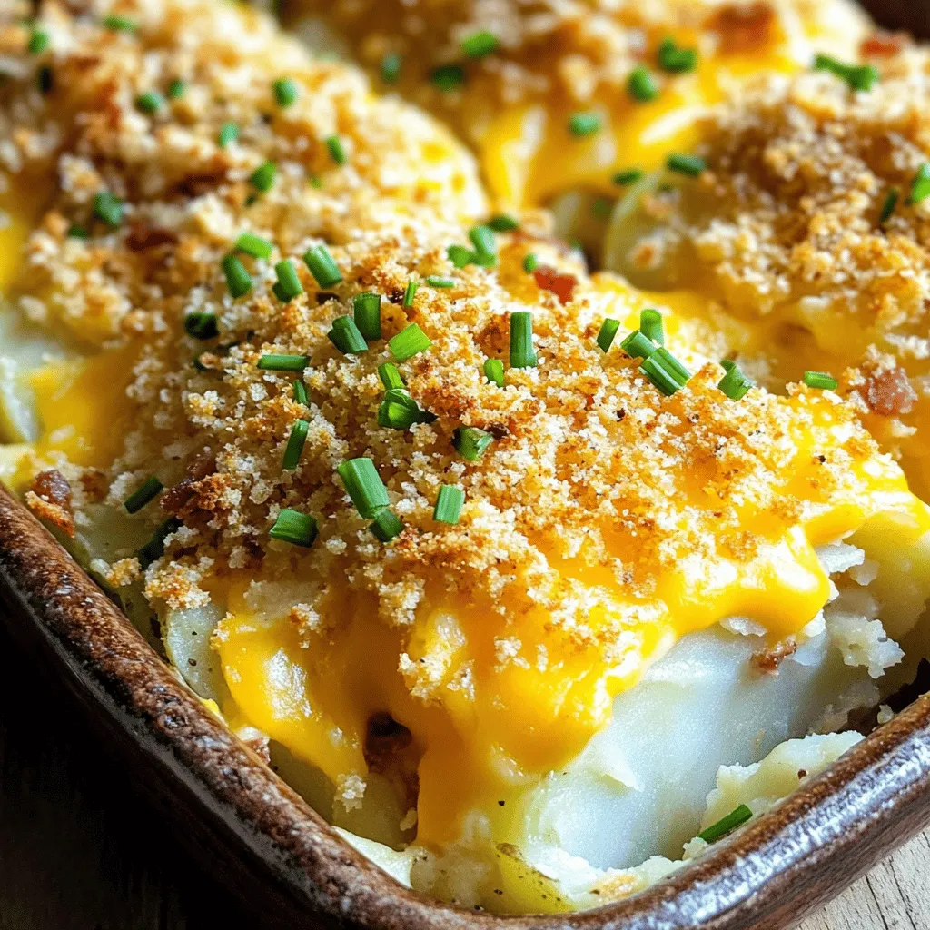 The right ingredients make this twice baked potato casserole shine. You need four large russet potatoes, as they give a fluffy texture. Next, one cup of sour cream adds a rich creaminess. I love using sharp cheddar cheese, one cup, for its bold flavor. Cream cheese, half a cup, adds even more smoothness.