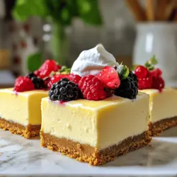 Philadelphia cheesecake bars are a creamy, sweet treat that many love. These bars use creamy Philadelphia cream cheese, which gives them their rich flavor. The base comes from crushed graham crackers mixed with butter and sugar. This combination creates a crunchy layer that contrasts nicely with the smooth filling.