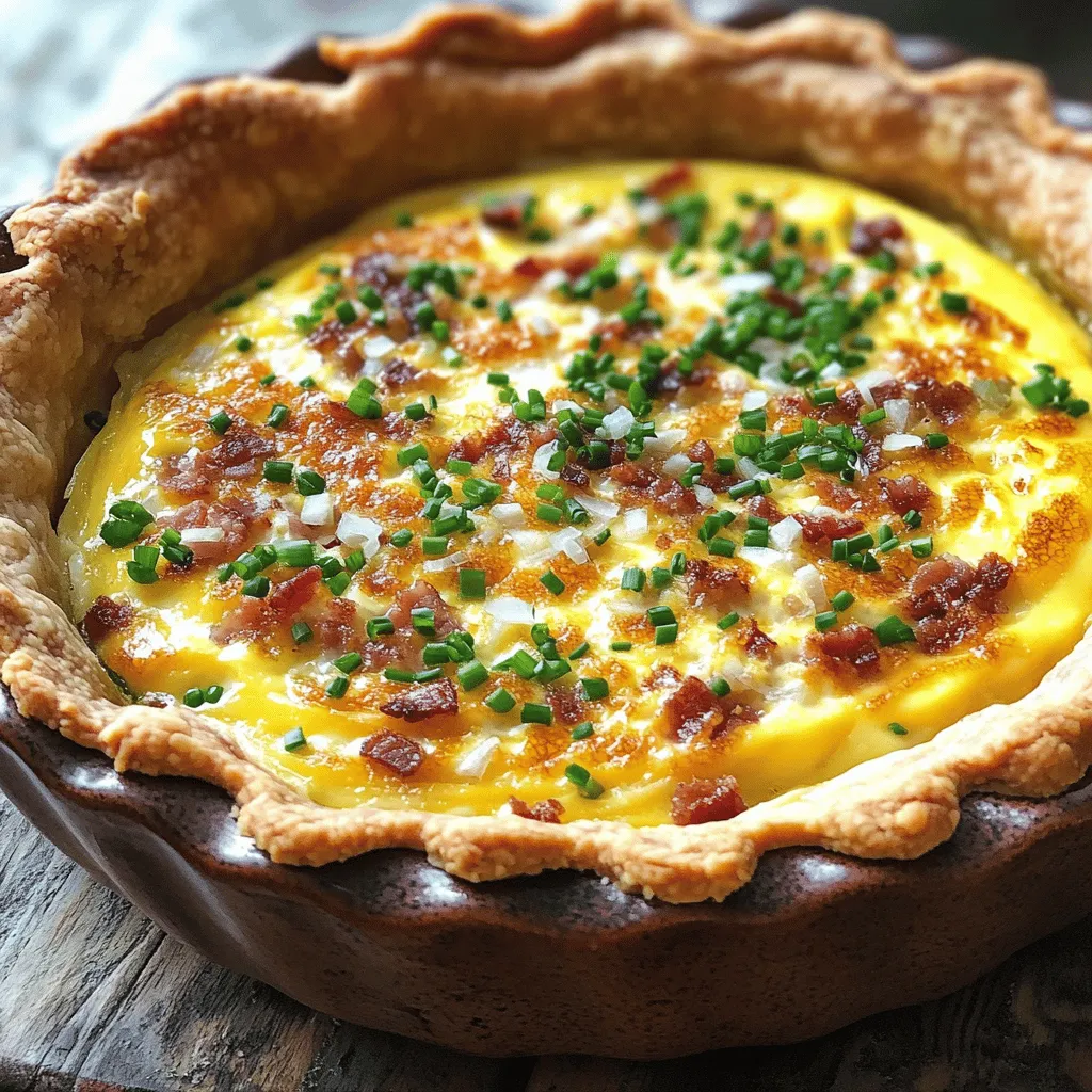 The classic quiche Lorraine is simple but tasty. It uses a few key traditional quiche ingredients. You will need a pie crust, eggs, cream, milk, cheese, bacon, and onions. These ingredients blend well together, creating a rich and savory dish.