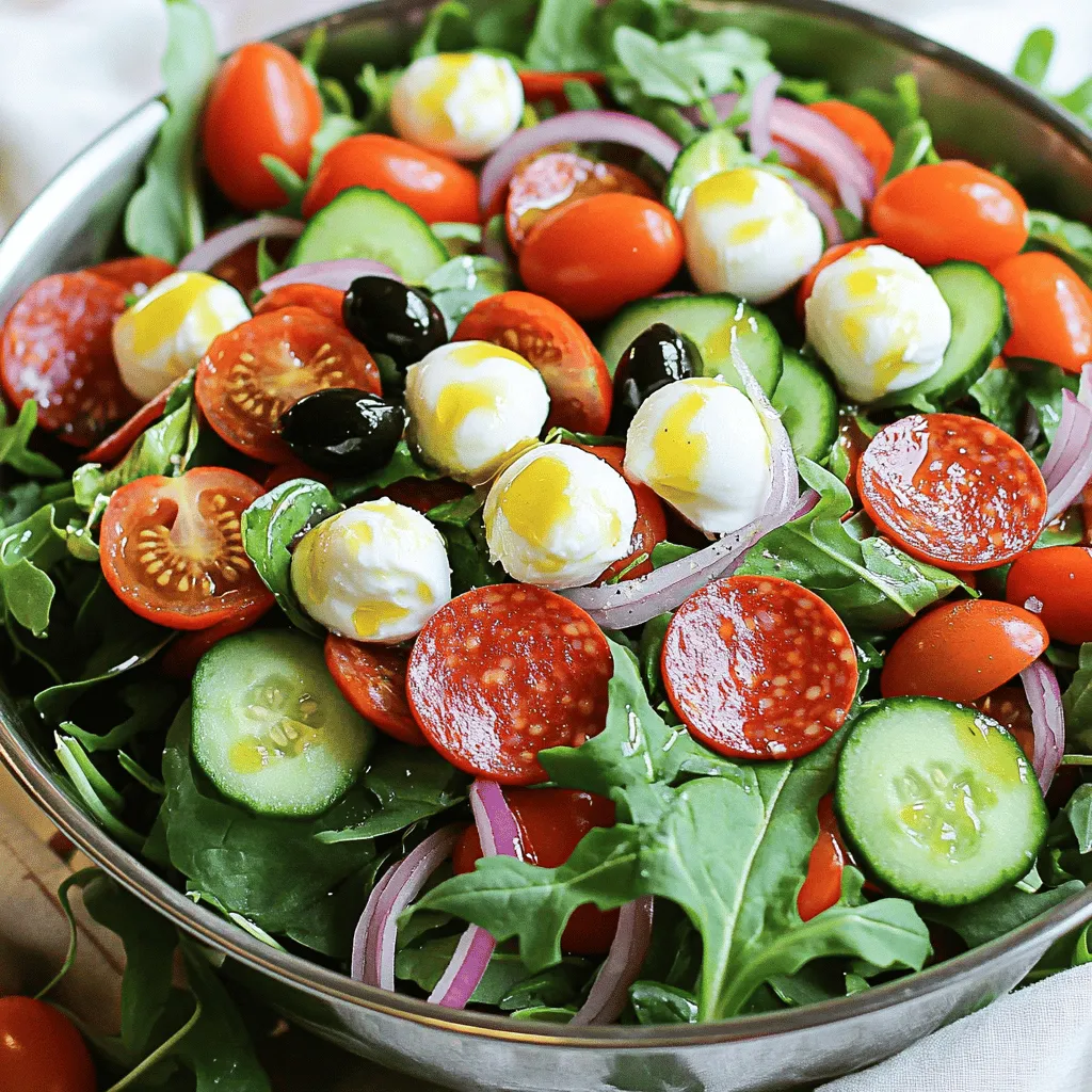 A pepperoni salad is simple and full of flavor. The main ingredients include sliced pepperoni, mixed greens, and fresh vegetables.