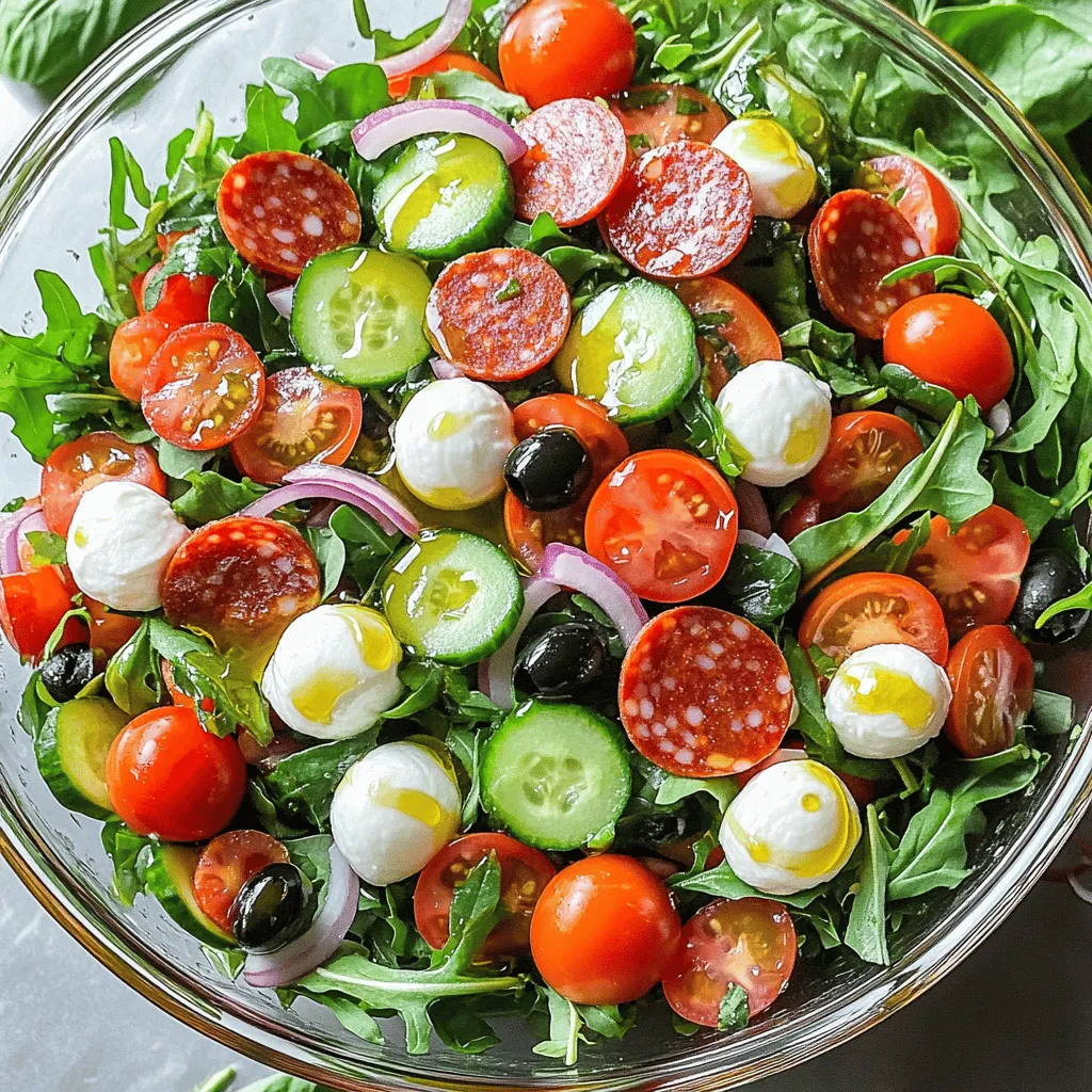 A pepperoni salad is simple and full of flavor. The main ingredients include sliced pepperoni, mixed greens, and fresh vegetables.