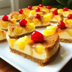 The main ingredients bring this dessert to life. You need crushed graham crackers, which give a nice crunch. A creamy filling requires cream cheese, eggs, and sugar. The key flavor comes from crushed pineapple, adding sweetness and moisture.