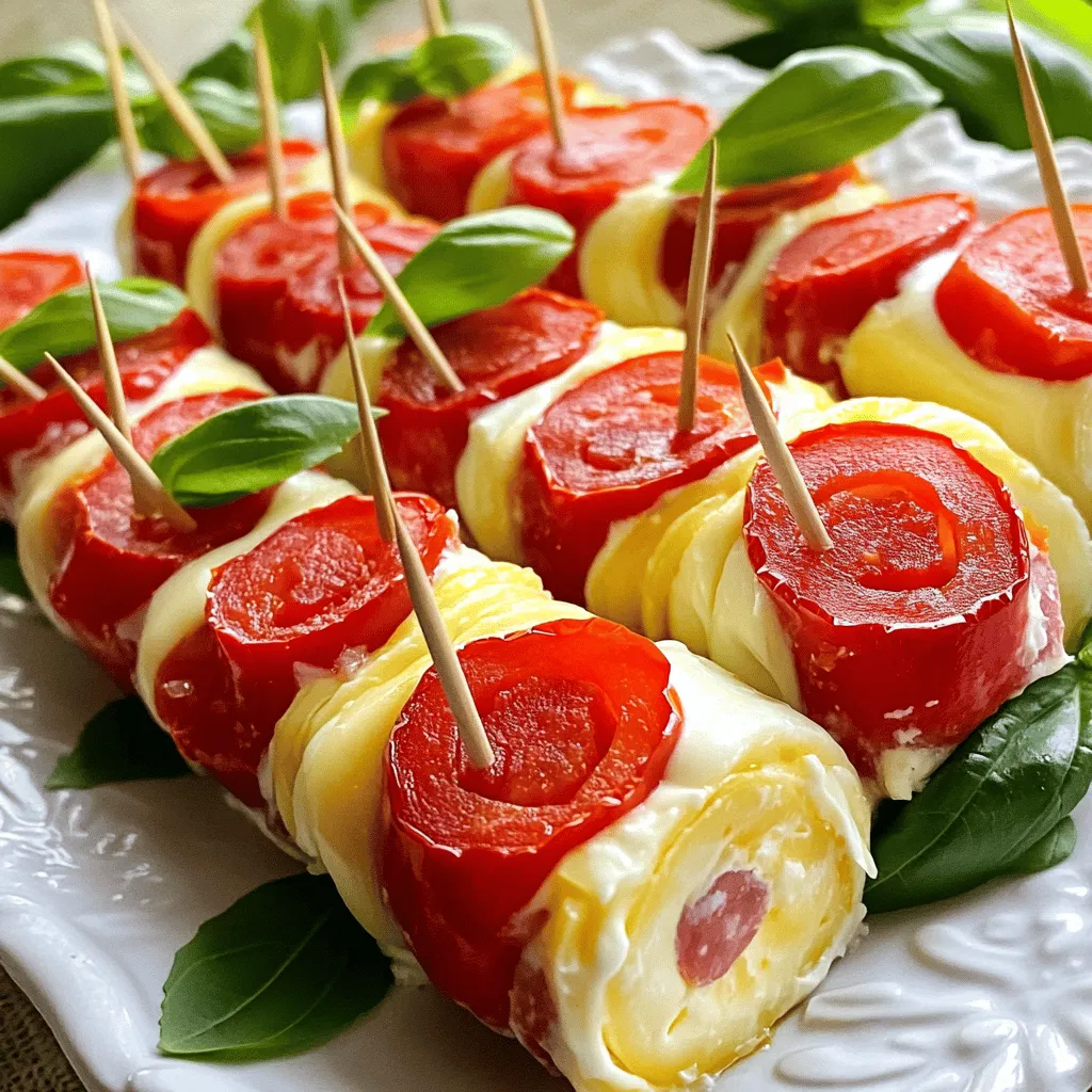 To make easy salami roll-ups, you need just a few simple ingredients. You will need 8 slices of salami and 4 slices of provolone cheese. You also need 1/2 cup of softened cream cheese and 1/4 cup of sliced roasted red peppers. Don’t forget a tablespoon of fresh basil, some black pepper, and toothpicks.