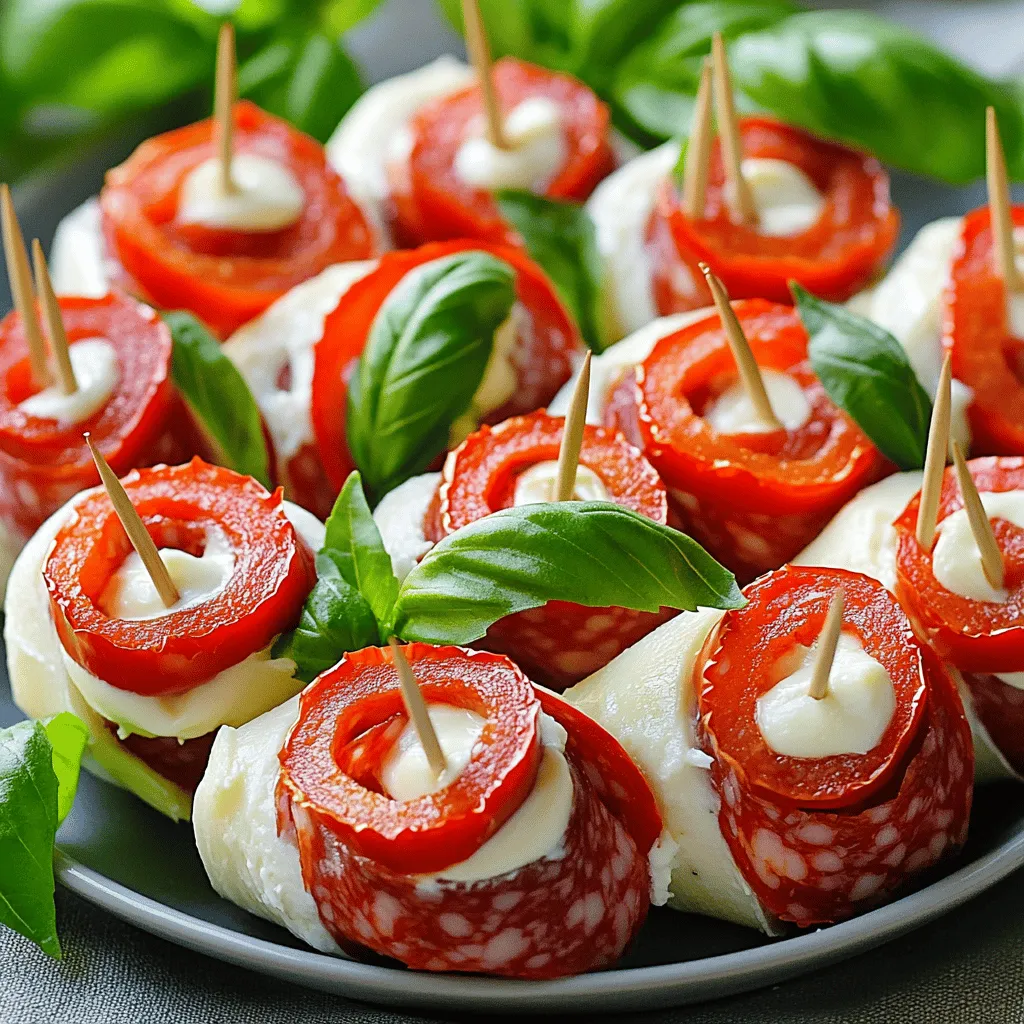 To make easy salami roll-ups, you need just a few simple ingredients. You will need 8 slices of salami and 4 slices of provolone cheese. You also need 1/2 cup of softened cream cheese and 1/4 cup of sliced roasted red peppers. Don’t forget a tablespoon of fresh basil, some black pepper, and toothpicks.