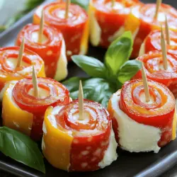 To make easy salami roll-ups, you need just a few simple ingredients. You will need 8 slices of salami and 4 slices of provolone cheese. You also need 1/2 cup of softened cream cheese and 1/4 cup of sliced roasted red peppers. Don’t forget a tablespoon of fresh basil, some black pepper, and toothpicks.