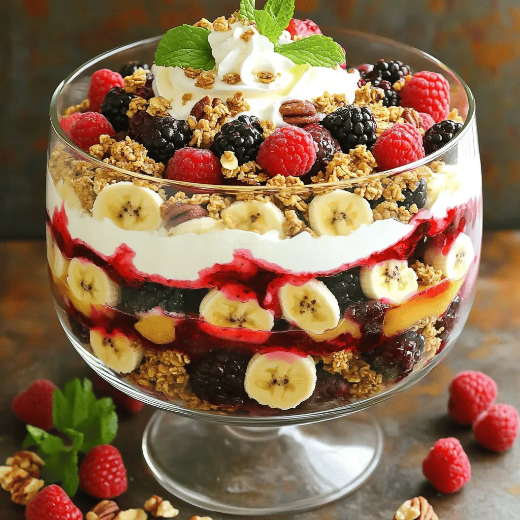 To create a fruit and nut trifle, you need fresh ingredients. These include berries, bananas, yogurt, and whipped cream.