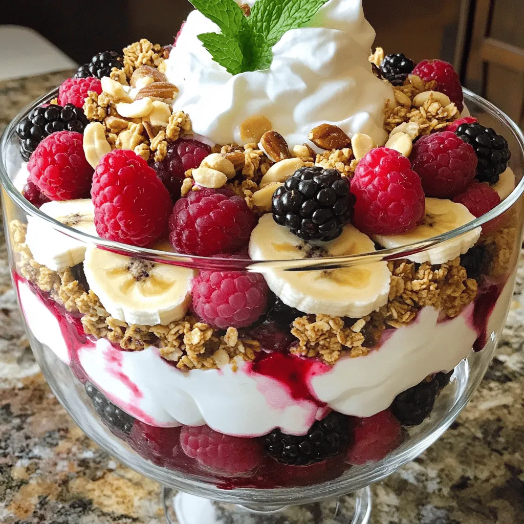 To create a fruit and nut trifle, you need fresh ingredients. These include berries, bananas, yogurt, and whipped cream.