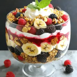 To create a fruit and nut trifle, you need fresh ingredients. These include berries, bananas, yogurt, and whipped cream.