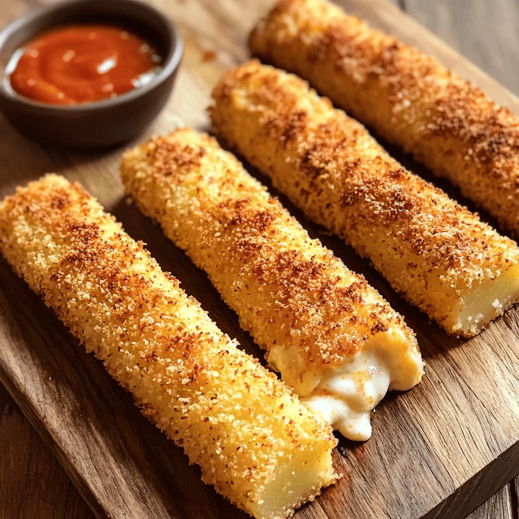 To create your potato cheese sticks, gather these ingredients. You will need four large potatoes. Peel and cube them before cooking. Next, get one cup of shredded mozzarella cheese. This cheese gives the sticks a rich, cheesy flavor.