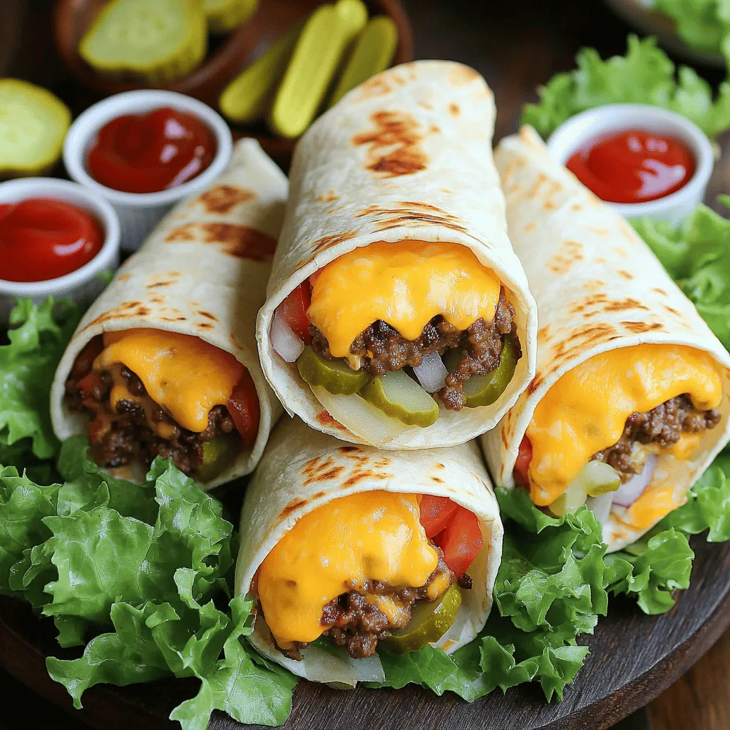 To make grilled cheeseburger wraps, start with fresh ingredients. You will need ground beef, shredded cheddar cheese, diced onions, diced tomatoes, pickles, Worcestershire sauce, garlic powder, onion powder, and seasonings. Flour tortillas hold everything together. Lettuce leaves, ketchup, and mustard add great flavor.