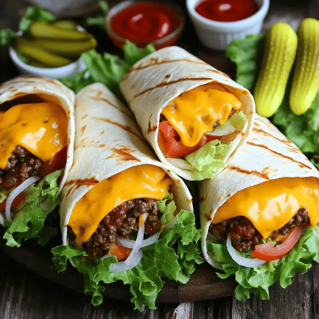 To make grilled cheeseburger wraps, start with fresh ingredients. You will need ground beef, shredded cheddar cheese, diced onions, diced tomatoes, pickles, Worcestershire sauce, garlic powder, onion powder, and seasonings. Flour tortillas hold everything together. Lettuce leaves, ketchup, and mustard add great flavor.