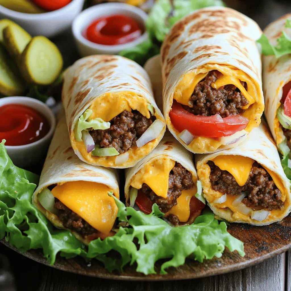 To make grilled cheeseburger wraps, start with fresh ingredients. You will need ground beef, shredded cheddar cheese, diced onions, diced tomatoes, pickles, Worcestershire sauce, garlic powder, onion powder, and seasonings. Flour tortillas hold everything together. Lettuce leaves, ketchup, and mustard add great flavor.