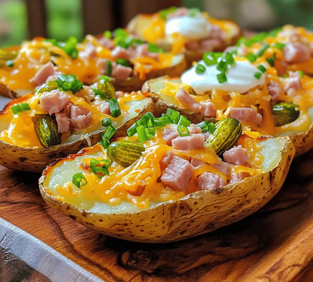 Potato skins have long been a favorite among food enthusiasts, often filled with a variety of toppings that cater to diverse palates. The combination of ham and pickles is particularly enticing, offering a unique balance of flavors that is both comforting and refreshing. The saltiness of the ham pairs beautifully with the zesty, slightly sweet notes of the pickles, while the melted cheddar cheese adds a layer of richness that ties everything together. Whether enjoyed as a snack while watching a movie or served as an appetizer at your next gathering, these potato skins are sure to leave an impression.