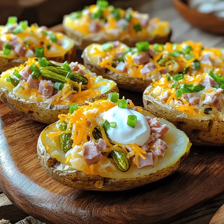 Potato skins have long been a favorite among food enthusiasts, often filled with a variety of toppings that cater to diverse palates. The combination of ham and pickles is particularly enticing, offering a unique balance of flavors that is both comforting and refreshing. The saltiness of the ham pairs beautifully with the zesty, slightly sweet notes of the pickles, while the melted cheddar cheese adds a layer of richness that ties everything together. Whether enjoyed as a snack while watching a movie or served as an appetizer at your next gathering, these potato skins are sure to leave an impression.