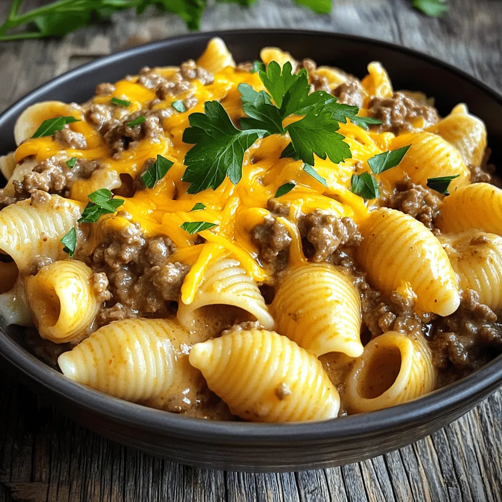 In this creamy beef and shells recipe, you will need a few key ingredients. The first is medium shells pasta. This pasta shape holds the sauce well, making each bite rich and flavorful.