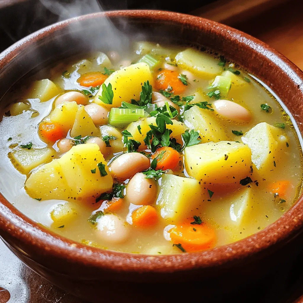 The potato and bean soup recipe needs a few key ingredients. You must start with <strong>potatoes</strong> and <strong>beans</strong>. I prefer russet potatoes for their creamy texture. Use cooked white beans like cannellini or great northern. These beans add protein and fiber.” /></p>
</p>
<h2>What Are Some Healthy Variations of Potato and Bean Soup?</h2>
</p>
<p>You can make potato and bean soup even healthier with a few simple changes.</p>
</p>
<h3>How can you make a low-calorie version of this soup?</h3>
<p>To make a low-calorie soup, use less oil. You can sauté the veggies in broth instead. Also, skip the salt or use a salt substitute. Opt for low-sodium vegetable broth to cut calories. This keeps the taste while lowering fat and salt.</p>
</p>
<h3>What are some plant-based modifications?</h3>
<p>For plant-based soup, swap the vegetable broth for a homemade version. Use your favorite vegetable scraps to make broth. This gives great flavor and reduces waste. You can also add more veggies like spinach or kale. They add nutrients and color to your soup.</p>
</p>
<h3>Are there gluten-free alternatives for potato and bean soup?</h3>
<p>Yes, potato and bean soup is naturally gluten-free. Just make sure your broth is gluten-free. Check labels to be safe. You can also add gluten-free grains like quinoa for extra texture.</p>
</p>
<p>For more details on making this soup, check the Full Recipe. Enjoy creating your own healthy version!</p>
</p>
<h2>How Can You Enhance the Flavor of Potato and Bean Soup?</h2>
</p>
<p>Adding flavor to potato and bean soup can make it truly special.</p>
</p>
<h3>What spices and herbs can elevate soup flavors?</h3>
<p>You can use dried thyme and smoked paprika in your soup. Thyme adds a warm earthiness. Smoked paprika brings a hint of spice and depth. Other great options include bay leaves and black pepper. Fresh herbs like parsley or chives add brightness. Spices like cumin or coriander can also create unique flavors.</p>
</p>
<h3>How do toppings affect the overall taste and presentation?</h3>
<p>Toppings can change the look and taste of your soup. A sprinkle of fresh parsley gives a pop of color. You can also add croutons for crunch. A dollop of sour cream can add creaminess and tang. For a kick, try adding a drizzle of hot sauce. These toppings not only taste good but also make your soup look appealing.</p>
</p>
<h3>What are some unique flavor combinations to consider?</h3>
<p>Try adding lemon zest or a squeeze of lemon juice for freshness. A dash of soy sauce can add umami flavor. If you like heat, consider adding diced jalapeños. For a smoky flavor, you might add diced bacon or smoked sausage. Mixing in different beans can also give your soup new textures and tastes.</p>
</p>
<p>Remember, this soup is a blank canvas. You can adjust flavors to fit your taste. For the full recipe, check out the Hearty Potato & Bean Bliss Soup.</p>
</p>
<p><img decoding=