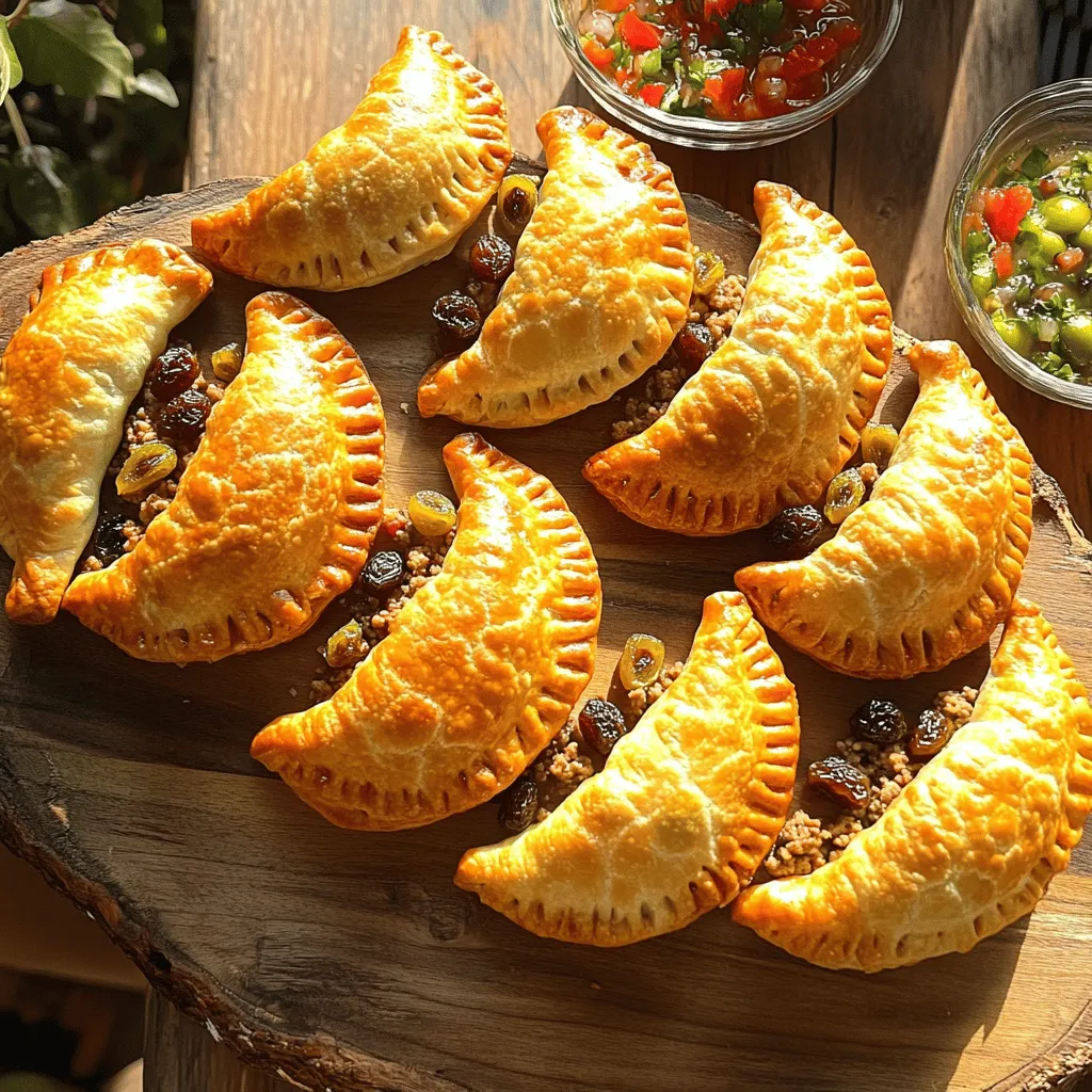 To make beef and raisin empanadas, start with key filling ingredients. You need one pound of ground beef. This gives the empanadas a hearty base. A small onion, finely chopped, adds sweetness. Two cloves of minced garlic bring depth of flavor. Use half a teaspoon of cumin and smoked paprika for warmth. Raisins are a surprise ingredient, adding sweetness. You will also need half a cup of chopped green olives for a salty touch. A tablespoon of tomato paste helps bind the filling. Don't forget salt and pepper to taste.