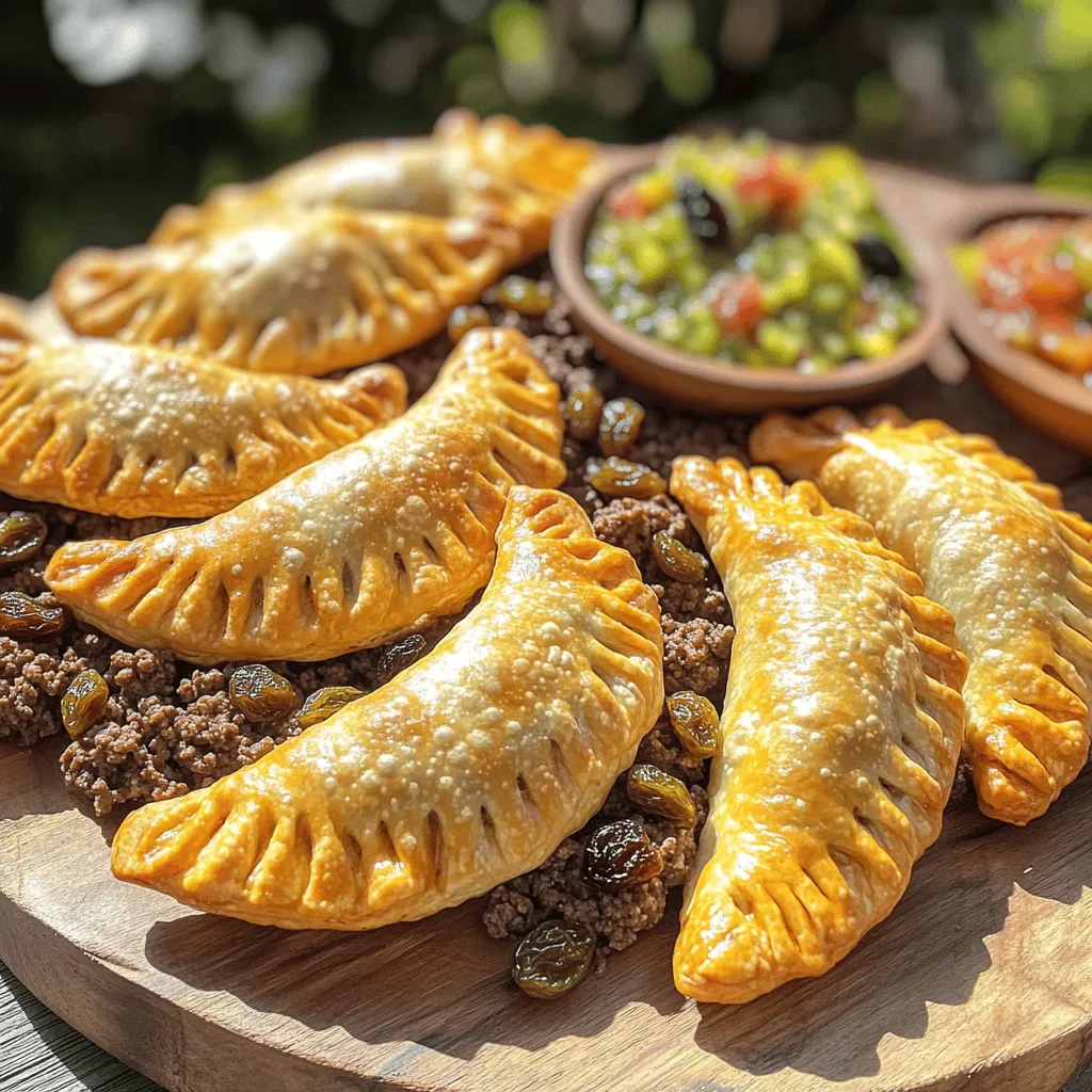 To make beef and raisin empanadas, start with key filling ingredients. You need one pound of ground beef. This gives the empanadas a hearty base. A small onion, finely chopped, adds sweetness. Two cloves of minced garlic bring depth of flavor. Use half a teaspoon of cumin and smoked paprika for warmth. Raisins are a surprise ingredient, adding sweetness. You will also need half a cup of chopped green olives for a salty touch. A tablespoon of tomato paste helps bind the filling. Don't forget salt and pepper to taste.