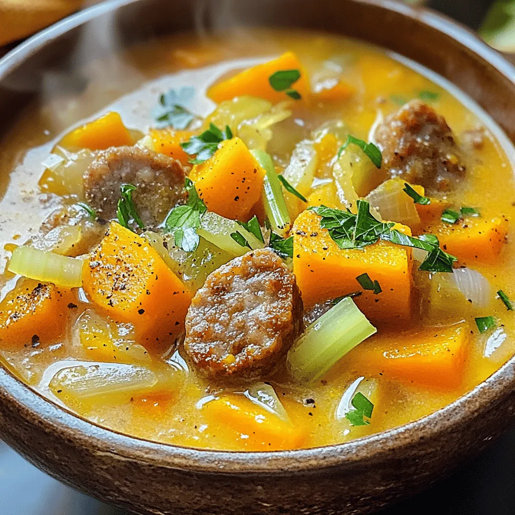 The key ingredients for beef sausage butternut soup are simple yet packed with flavor. You need one pound of beef sausage, sliced. This sausage gives the soup a rich and hearty flavor. Next, use one medium butternut squash, peeled and cubed. This squash adds natural sweetness and creamy texture.