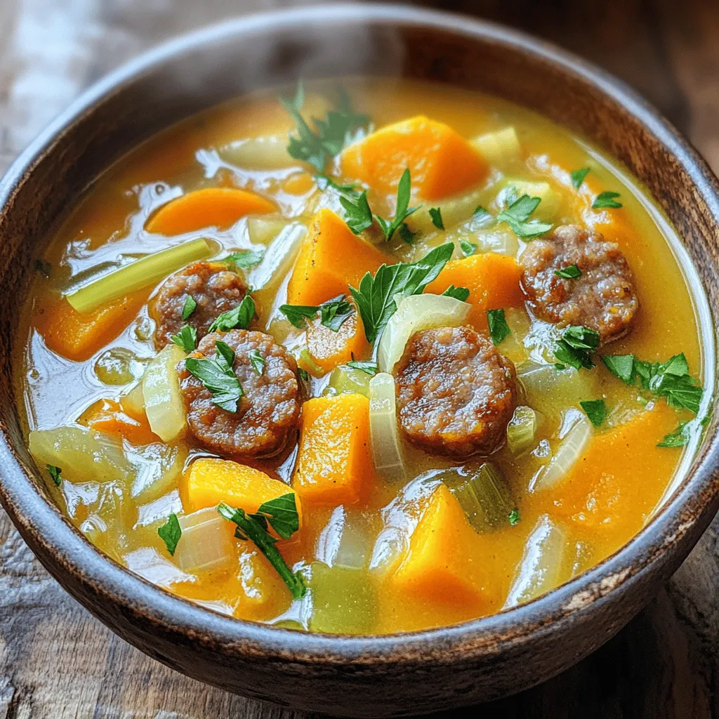 The key ingredients for beef sausage butternut soup are simple yet packed with flavor. You need one pound of beef sausage, sliced. This sausage gives the soup a rich and hearty flavor. Next, use one medium butternut squash, peeled and cubed. This squash adds natural sweetness and creamy texture.