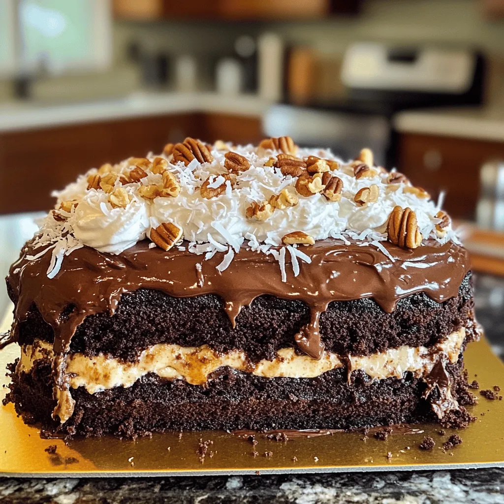 To make a German chocolate poke cake, you need to follow a few simple steps. First, gather all your ingredients. You will need a box of German chocolate cake mix, water, vegetable oil, eggs, sweetened condensed milk, shredded coconut, chopped pecans, chocolate frosting, and whipped cream.