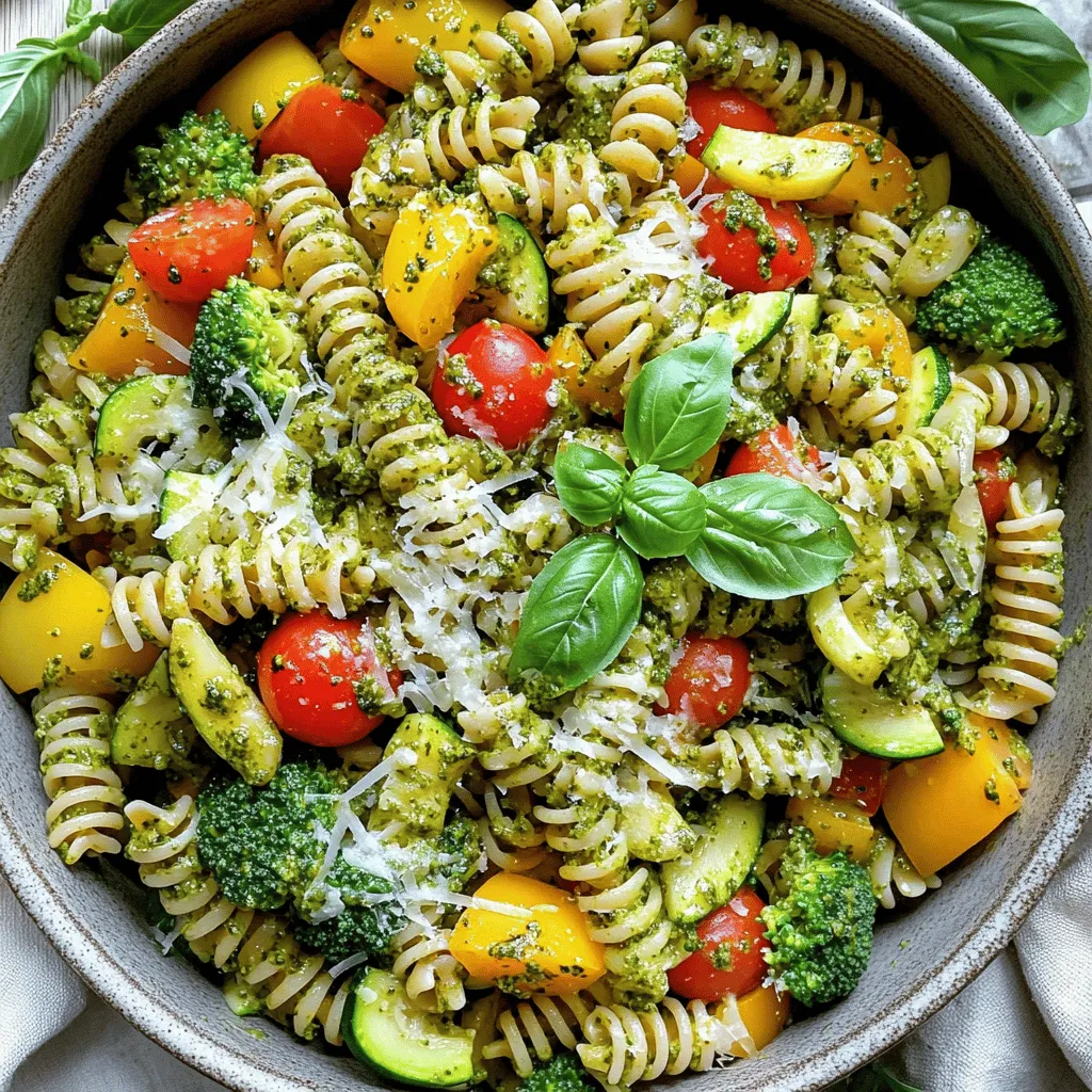 To make pesto pasta primavera, you need a few key ingredients. Start with 8 oz of whole wheat pasta. Fusilli or penne works best. You will also need 2 cups of broccoli florets. Add 1 cup of assorted bell peppers, sliced. Include 1 cup of sliced zucchini and 1 cup of halved cherry tomatoes. Fresh basil pesto adds great flavor, so use 1/2 cup. Olive oil, Parmesan cheese, salt, and pepper round out the list. Each ingredient brings fresh taste and nutrients.