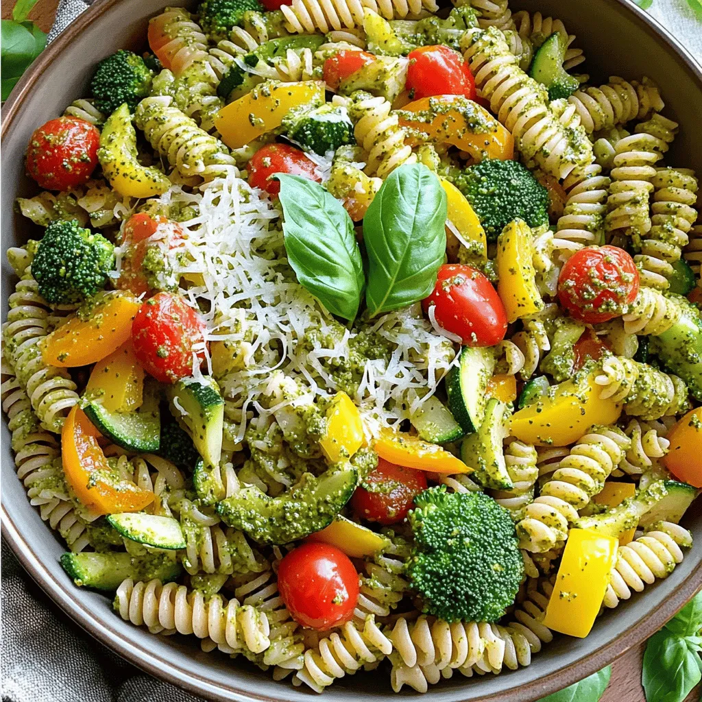 To make pesto pasta primavera, you need a few key ingredients. Start with 8 oz of whole wheat pasta. Fusilli or penne works best. You will also need 2 cups of broccoli florets. Add 1 cup of assorted bell peppers, sliced. Include 1 cup of sliced zucchini and 1 cup of halved cherry tomatoes. Fresh basil pesto adds great flavor, so use 1/2 cup. Olive oil, Parmesan cheese, salt, and pepper round out the list. Each ingredient brings fresh taste and nutrients.