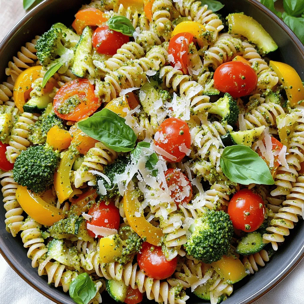 To make pesto pasta primavera, you need a few key ingredients. Start with 8 oz of whole wheat pasta. Fusilli or penne works best. You will also need 2 cups of broccoli florets. Add 1 cup of assorted bell peppers, sliced. Include 1 cup of sliced zucchini and 1 cup of halved cherry tomatoes. Fresh basil pesto adds great flavor, so use 1/2 cup. Olive oil, Parmesan cheese, salt, and pepper round out the list. Each ingredient brings fresh taste and nutrients.