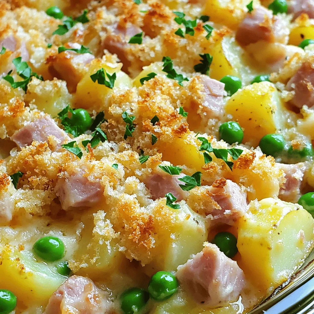 A ham and potato casserole recipe needs simple, hearty ingredients. You start with <strong>4 cups of diced potatoes</strong>. Russet or Yukon Gold work best. They give the dish a great texture. Next, you need <strong>2 cups of cooked ham</strong>, cut into cubes. This adds rich flavor to your casserole.” /></p>
</p>
<h2>What Are Some Creative Variations of Ham and Potato Casserole?</h2>
</p>
<p>You can easily modify the ham and potato casserole to fit your taste. Add veggies like broccoli or bell peppers for extra flavor and color. Swap out the cheese for something like mozzarella or pepper jack for a twist. You can even use sweet potatoes instead of regular potatoes for a sweeter flavor.</p>
</p>
<p>If you want a lighter version, try using low-fat milk or a dairy-free alternative. You can replace heavy cream with Greek yogurt to cut calories while keeping it creamy. Adding fresh herbs like parsley or chives can also boost the flavor without extra fat.</p>
</p>
<p>For different cooking methods, use a slow cooker. Just layer the ingredients and set it on low for 6-8 hours. This method makes the flavors blend well and keeps the casserole moist. You can also bake it in a cast iron skillet for a nice crust on the bottom.</p>
</p>
<p>Don’t forget to check the Full Recipe for more ideas and exact measurements!</p>
</p>
<h2>How Can You Enhance the Flavor of Your Ham and Potato Casserole?</h2>
</p>
<p>To make a creamy potato casserole with ham stand out, you need to think about flavors.</p>
</p>
<h3>What spices and herbs work best in this casserole?</h3>
</p>
<p>Using the right spices can change everything. I love adding dried thyme and paprika. Thyme brings a nice earthy flavor. Paprika adds warmth and a hint of sweetness. You can also try rosemary or parsley for fresh notes. Always taste as you go. This helps you find the right balance for your dish.</p>
</p>
<h3>How can the choice of cheese impact the dish’s flavor?</h3>
</p>
<p>Cheese plays a big role in flavor. Sharp cheddar gives a bold taste. If you want something creamier, use Monterey Jack or Gruyère. Mixing different cheeses can create depth. Consider adding a bit of cream cheese for added richness. The cheese melts into the casserole, making each bite creamy and delicious.</p>
</p>
<h3>Are there creamy sauces that can elevate your casserole experience?</h3>
</p>
<p>Creamy sauces can take your casserole to the next level. You can use heavy cream or a white sauce for a rich texture. A mix of sour cream and mayonnaise also adds tanginess. If you want a lighter option, try Greek yogurt. These sauces blend with the ham and potatoes, creating a velvety base. For the full recipe, check the details to create your own masterpiece.</p>
</p>
<p><img decoding=