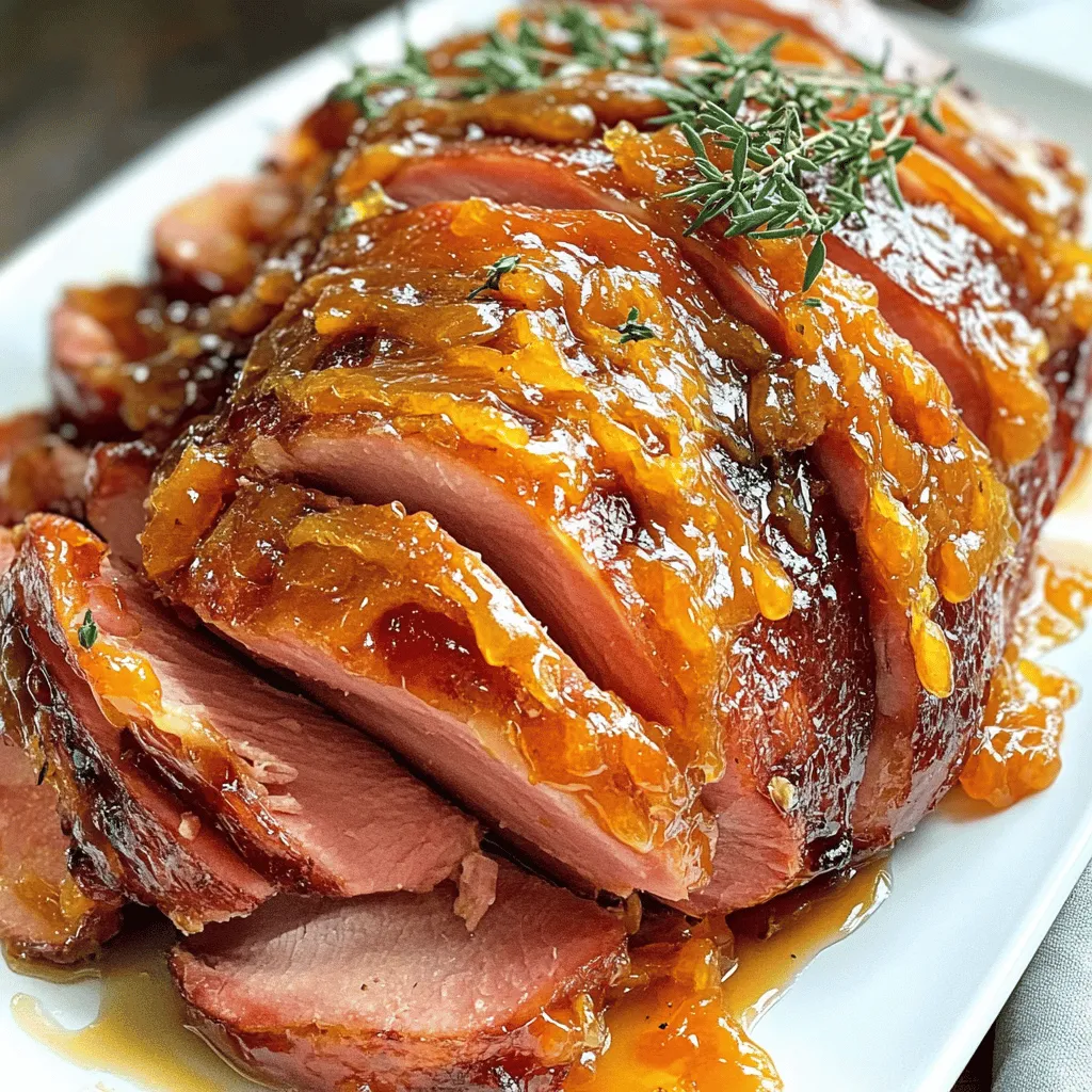 The key ingredients in an apricot honey ham recipe are simple yet impactful. You need a fully cooked bone-in ham, weighing about 5 to 7 pounds. This type of ham has great flavor and moisture. Next, you will need 1 cup of apricot preserves. This adds a sweet and fruity touch. Honey, at 1/2 cup, brings in natural sweetness and a nice glaze.