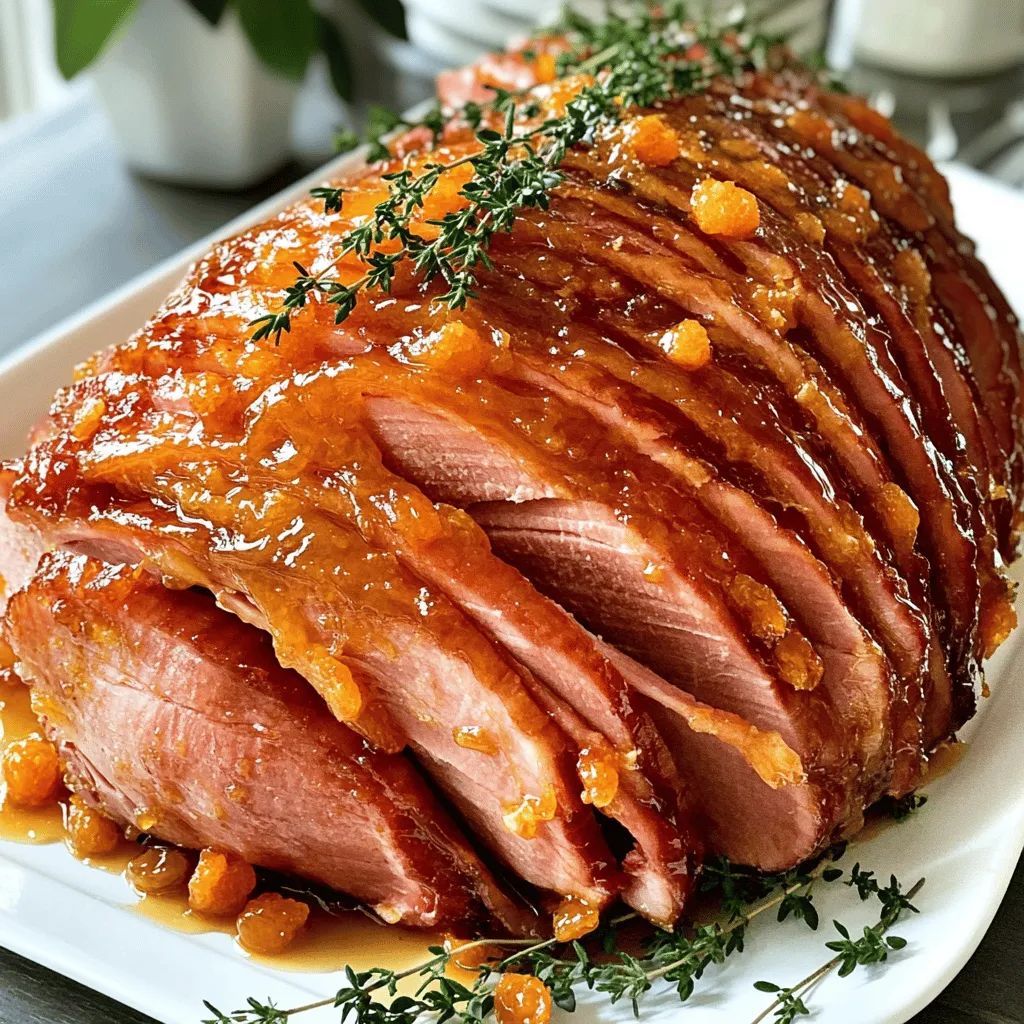 The key ingredients in an apricot honey ham recipe are simple yet impactful. You need a fully cooked bone-in ham, weighing about 5 to 7 pounds. This type of ham has great flavor and moisture. Next, you will need 1 cup of apricot preserves. This adds a sweet and fruity touch. Honey, at 1/2 cup, brings in natural sweetness and a nice glaze.