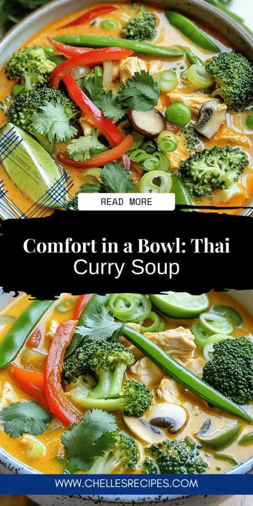 Savor the rich flavors of Thai Curry Chicken Soup, a nourishing dish that offers both comfort and health benefits! This delightful recipe combines diced chicken, creamy coconut milk, and vibrant veggies to create a bowl of pure bliss. Perfect for family gatherings or a cozy night in, it's easy to make and customizable to your taste. Ready to cook up some warmth? Click through to explore the full recipe and bring this Thai classic to your kitchen!