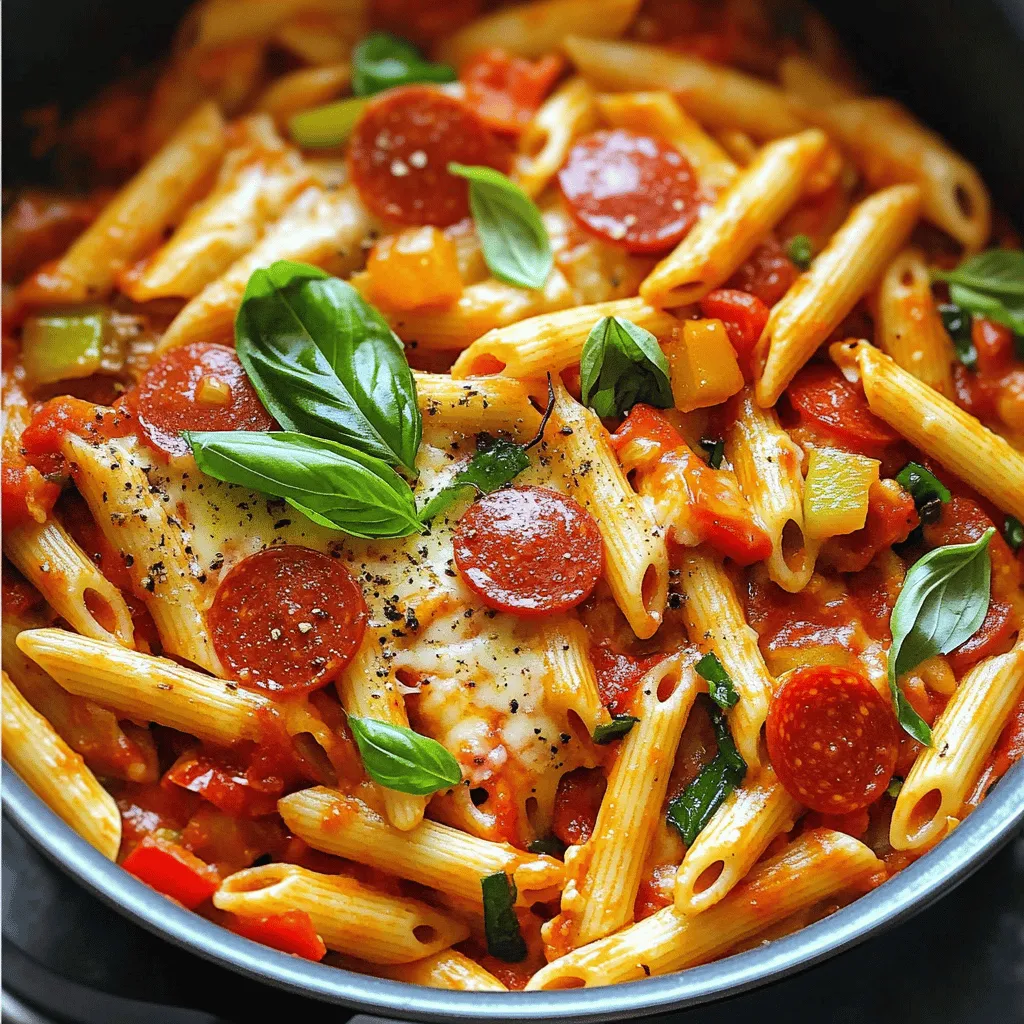 For a tasty one pot pizza pasta recipe, you need fresh ingredients. Start with 12 oz of penne pasta. This pasta cooks well and holds sauce nicely.