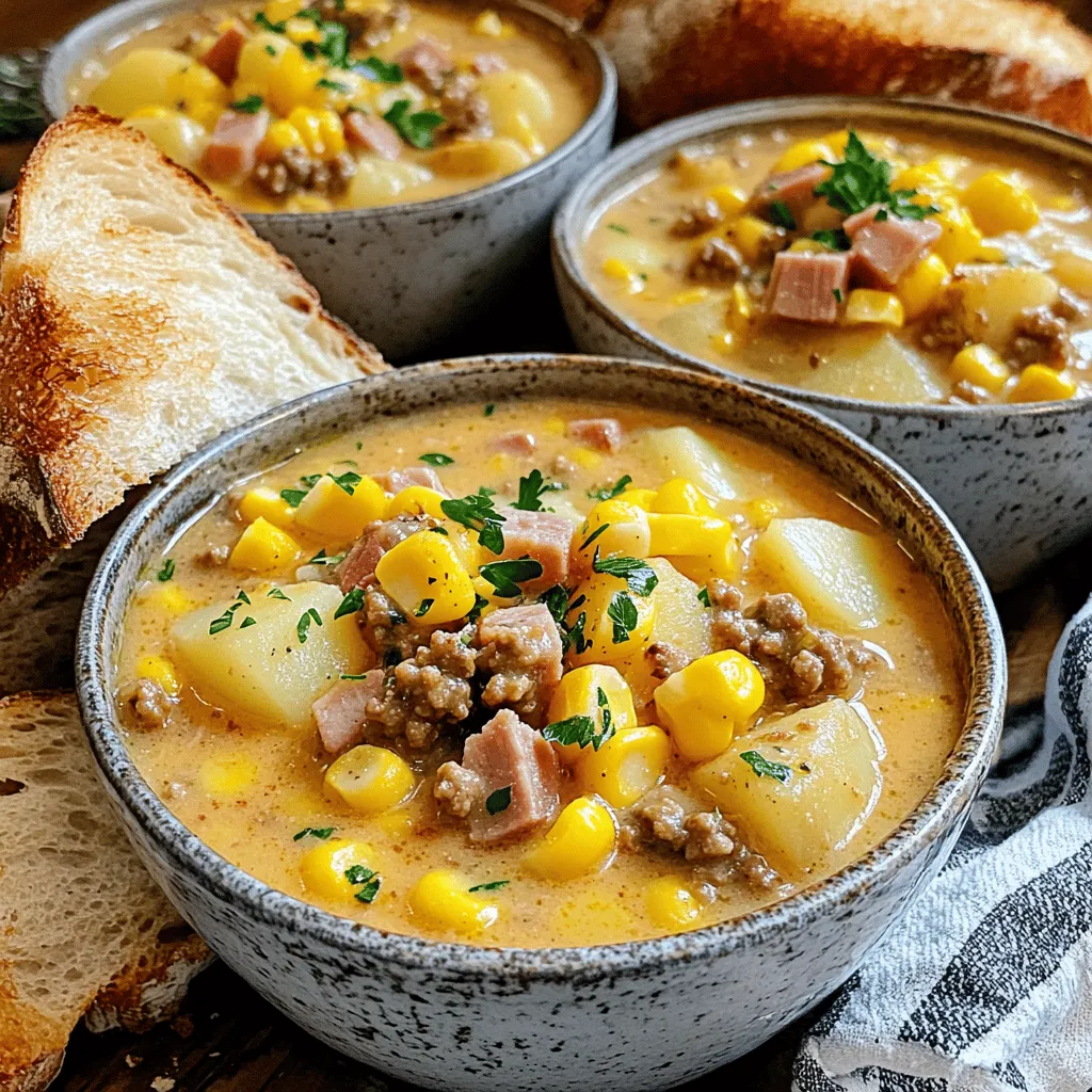 To make a great beef ham and corn chowder, you need basic, tasty ingredients. The main meats are ground beef and diced ham. They give the chowder a rich flavor. Ground beef adds depth, while the ham brings a nice sweetness. You can find both in most grocery stores.