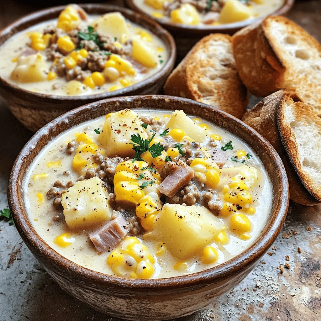 To make a great beef ham and corn chowder, you need basic, tasty ingredients. The main meats are ground beef and diced ham. They give the chowder a rich flavor. Ground beef adds depth, while the ham brings a nice sweetness. You can find both in most grocery stores.