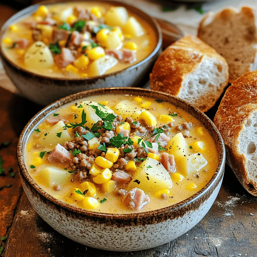 To make a great beef ham and corn chowder, you need basic, tasty ingredients. The main meats are ground beef and diced ham. They give the chowder a rich flavor. Ground beef adds depth, while the ham brings a nice sweetness. You can find both in most grocery stores.