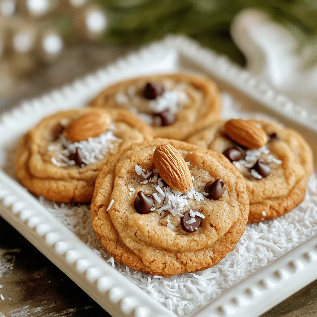 The key to the almond joy recipe lies in its simple yet flavorful ingredients. You will need 1 cup of almond flour, which gives the cookies a nutty taste and a soft texture. Next, add 1/4 cup of shredded unsweetened coconut. This ingredient brings a wonderful chewiness and hints of tropical flavor. You’ll also need 1/4 cup of dark chocolate chips for that rich, sweet touch. Coconut sugar, at 1/4 cup, adds a caramel-like sweetness that pairs well with the other flavors. Finally, include 1/4 teaspoon each of baking powder and salt to balance the flavors, along with 1/4 cup of unsweetened almond milk and 1 teaspoon of vanilla extract to enhance the overall taste. Don't forget the 12 whole almonds for topping; they add a nice crunch and visual appeal.