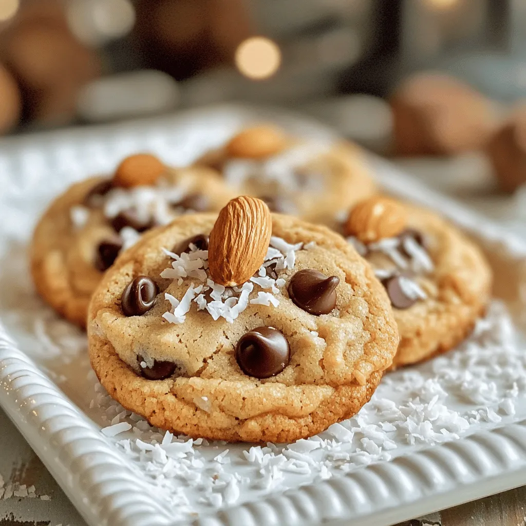 The key to the almond joy recipe lies in its simple yet flavorful ingredients. You will need 1 cup of almond flour, which gives the cookies a nutty taste and a soft texture. Next, add 1/4 cup of shredded unsweetened coconut. This ingredient brings a wonderful chewiness and hints of tropical flavor. You’ll also need 1/4 cup of dark chocolate chips for that rich, sweet touch. Coconut sugar, at 1/4 cup, adds a caramel-like sweetness that pairs well with the other flavors. Finally, include 1/4 teaspoon each of baking powder and salt to balance the flavors, along with 1/4 cup of unsweetened almond milk and 1 teaspoon of vanilla extract to enhance the overall taste. Don't forget the 12 whole almonds for topping; they add a nice crunch and visual appeal.