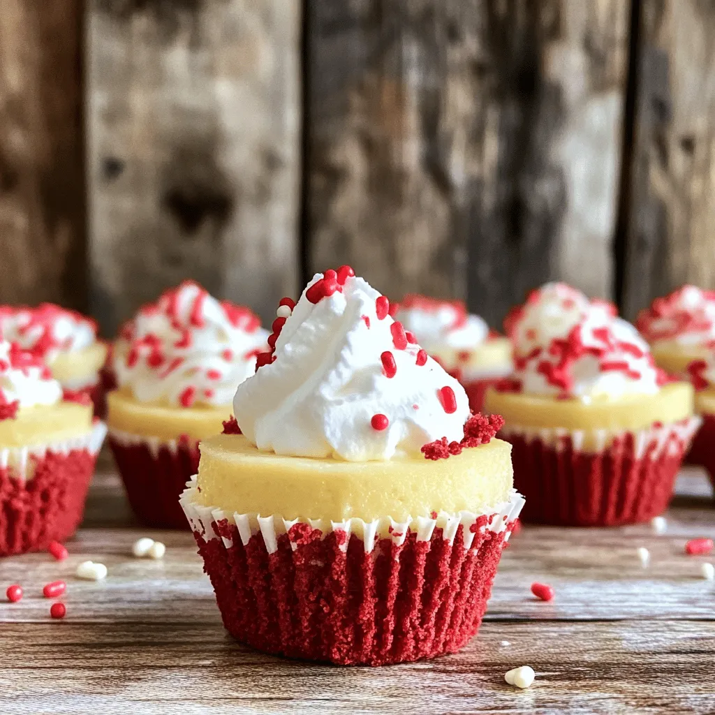 To make mini red velvet cheesecakes, you need some key ingredients. The first is red velvet cake crumbs. You can use store-bought or make your own. Next, you need cream cheese, sugar, sour cream, vanilla extract, an egg, flour, cocoa powder, and heavy cream. Don't forget the sprinkles or crumbs to garnish!