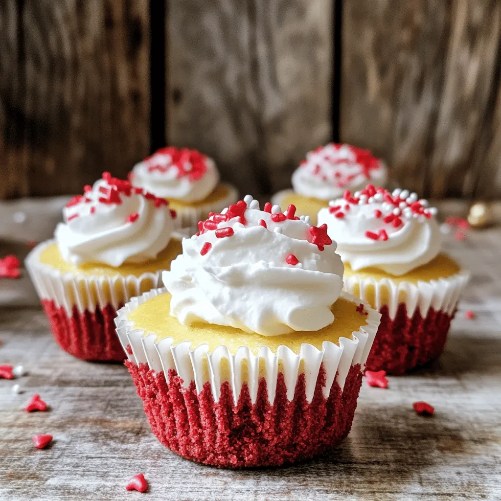 To make mini red velvet cheesecakes, you need some key ingredients. The first is red velvet cake crumbs. You can use store-bought or make your own. Next, you need cream cheese, sugar, sour cream, vanilla extract, an egg, flour, cocoa powder, and heavy cream. Don't forget the sprinkles or crumbs to garnish!