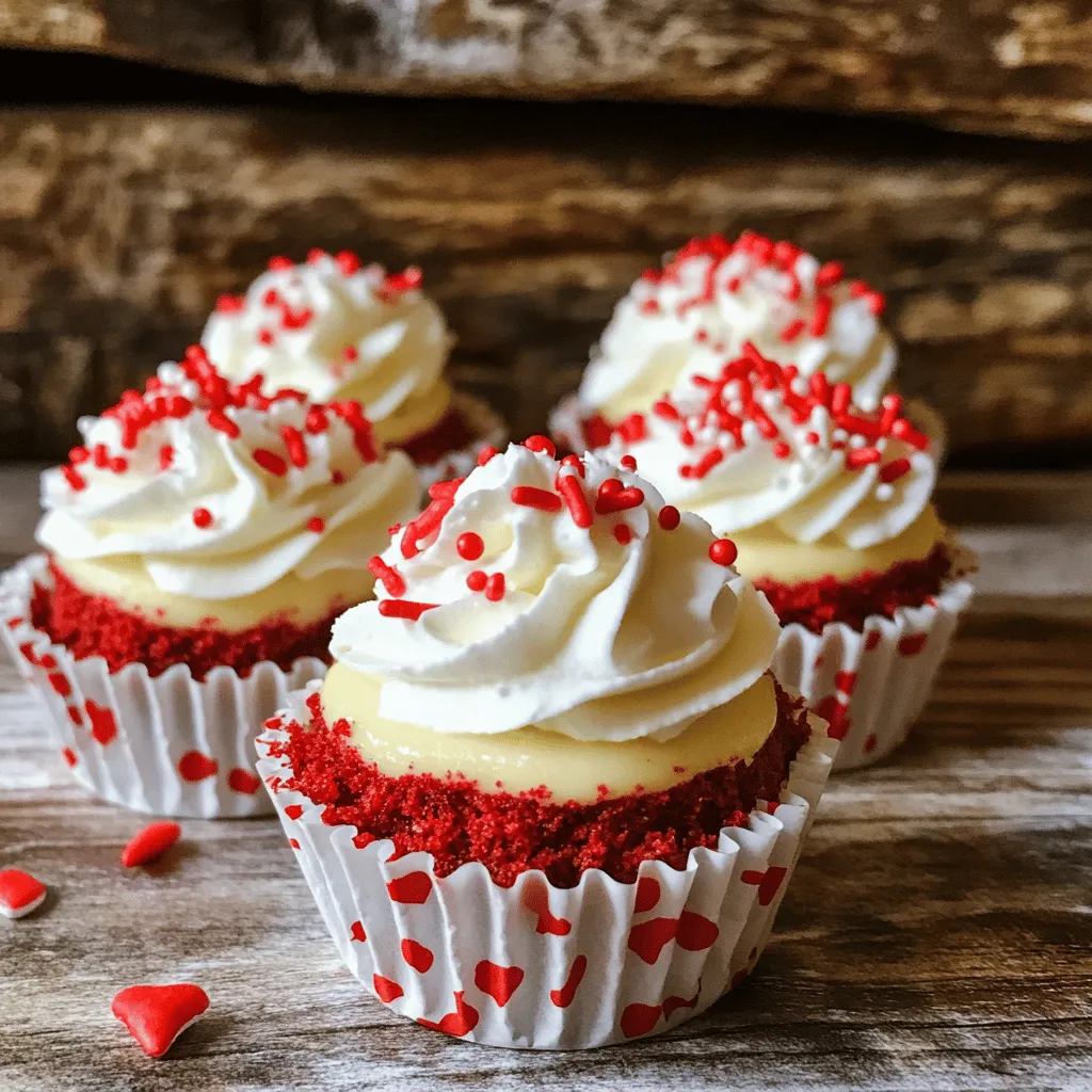 To make mini red velvet cheesecakes, you need some key ingredients. The first is red velvet cake crumbs. You can use store-bought or make your own. Next, you need cream cheese, sugar, sour cream, vanilla extract, an egg, flour, cocoa powder, and heavy cream. Don't forget the sprinkles or crumbs to garnish!