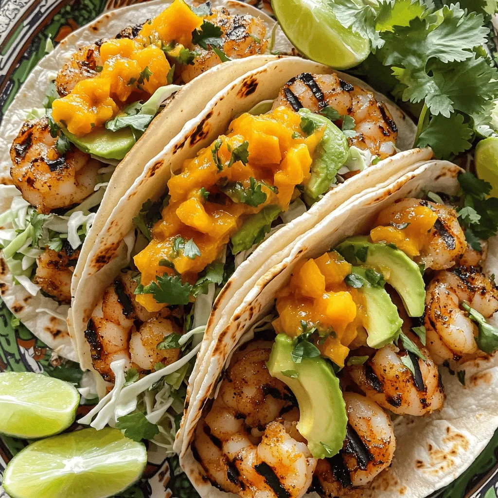 To make grilled shrimp tacos, gather these shrimp taco ingredients. You need 1 pound of large shrimp, peeled and deveined. Use 2 tablespoons of olive oil and 1 tablespoon of lime juice for flavor. For the spices, add 1 teaspoon of smoked paprika, 1 teaspoon of chili powder, 1/2 teaspoon of garlic powder, and 1/2 teaspoon of cumin. Don’t forget salt and pepper to taste. You will also need 8 small corn tortillas and 1 cup of shredded cabbage. For toppings, use 1 ripe avocado, sliced, and 1/4 cup of fresh cilantro, chopped. Finally, add 1/2 cup of mango salsa and lime wedges for serving.