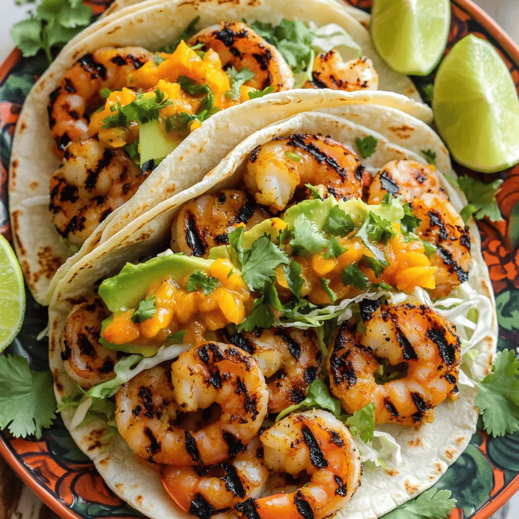 To make grilled shrimp tacos, gather these shrimp taco ingredients. You need 1 pound of large shrimp, peeled and deveined. Use 2 tablespoons of olive oil and 1 tablespoon of lime juice for flavor. For the spices, add 1 teaspoon of smoked paprika, 1 teaspoon of chili powder, 1/2 teaspoon of garlic powder, and 1/2 teaspoon of cumin. Don’t forget salt and pepper to taste. You will also need 8 small corn tortillas and 1 cup of shredded cabbage. For toppings, use 1 ripe avocado, sliced, and 1/4 cup of fresh cilantro, chopped. Finally, add 1/2 cup of mango salsa and lime wedges for serving.