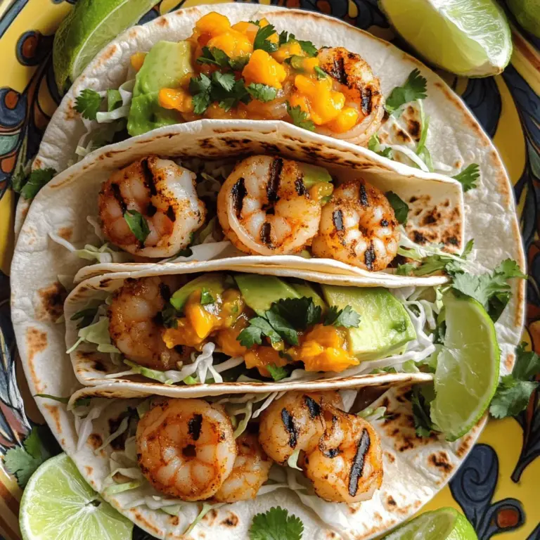 To make grilled shrimp tacos, gather these shrimp taco ingredients. You need 1 pound of large shrimp, peeled and deveined. Use 2 tablespoons of olive oil and 1 tablespoon of lime juice for flavor. For the spices, add 1 teaspoon of smoked paprika, 1 teaspoon of chili powder, 1/2 teaspoon of garlic powder, and 1/2 teaspoon of cumin. Don’t forget salt and pepper to taste. You will also need 8 small corn tortillas and 1 cup of shredded cabbage. For toppings, use 1 ripe avocado, sliced, and 1/4 cup of fresh cilantro, chopped. Finally, add 1/2 cup of mango salsa and lime wedges for serving.