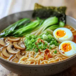 An easy ramen recipe starts with a good broth. You can make a homemade ramen broth or use store-bought. I love using vegetable broth for a light and fresh taste. Miso paste adds depth and umami. You only need a few tablespoons to change the flavor.