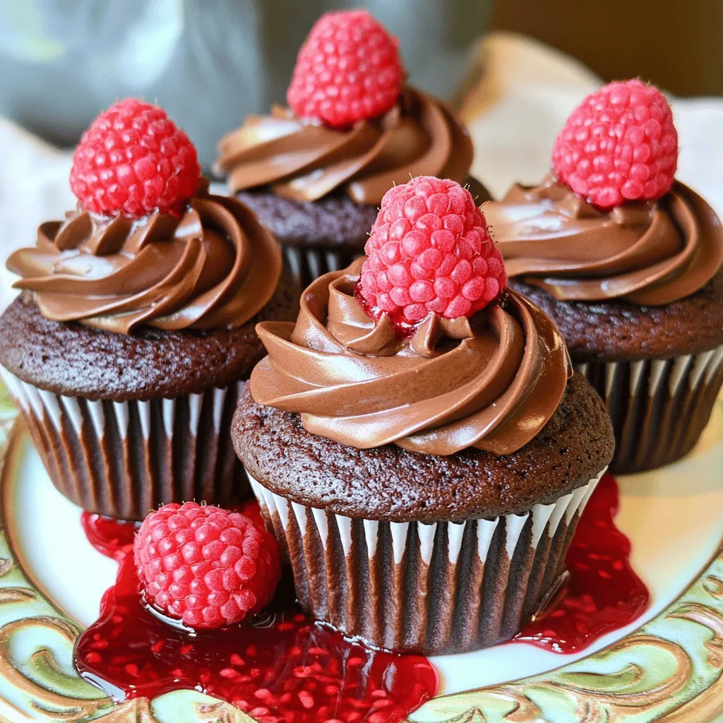 To make chocolate raspberry cupcakes, you need key ingredients. Start with 1 cup of all-purpose flour. Then, grab 1/2 cup of unsweetened cocoa powder for rich flavor. You’ll also need 1 cup of granulated sugar. Add 1 teaspoon of baking soda and 1/2 teaspoon of baking powder. A pinch of salt, about 1/4 teaspoon, is important too. Use 1/2 cup of softened unsalted butter. You will need 2 large eggs and 1 teaspoon of vanilla extract. The recipe calls for 1/2 cup of buttermilk and 1/2 cup of boiling water. Finally, fold in 1 cup of fresh raspberries and, if you like, 1/3 cup of chocolate chips. This mix creates a moist, tasty cupcake.