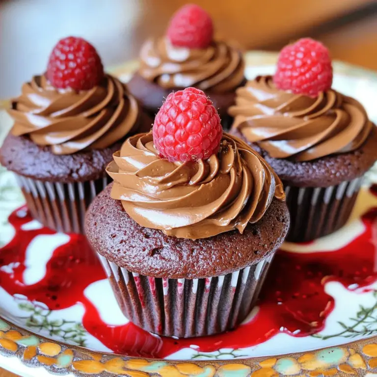 To make chocolate raspberry cupcakes, you need key ingredients. Start with 1 cup of all-purpose flour. Then, grab 1/2 cup of unsweetened cocoa powder for rich flavor. You’ll also need 1 cup of granulated sugar. Add 1 teaspoon of baking soda and 1/2 teaspoon of baking powder. A pinch of salt, about 1/4 teaspoon, is important too. Use 1/2 cup of softened unsalted butter. You will need 2 large eggs and 1 teaspoon of vanilla extract. The recipe calls for 1/2 cup of buttermilk and 1/2 cup of boiling water. Finally, fold in 1 cup of fresh raspberries and, if you like, 1/3 cup of chocolate chips. This mix creates a moist, tasty cupcake.