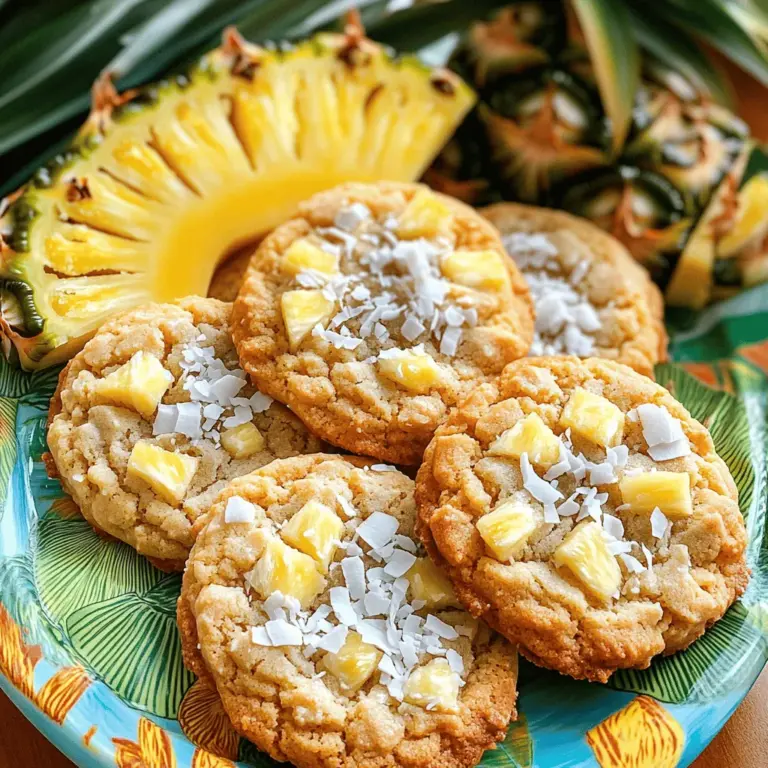 To make coconut pineapple cookies, you need simple, fresh ingredients. You need 1 cup of all-purpose flour, 1/2 teaspoon of baking soda, and 1/4 teaspoon of salt. For sweetness, 1/2 cup of brown sugar and 1/4 cup of granulated sugar work well. You also want 1/2 cup of unsweetened shredded coconut for that yummy coconut flavor. Don't forget 1/2 cup of softened unsalted butter and 1 large egg to bind it all. Lastly, add 1 teaspoon of vanilla extract and 3/4 cup of crushed pineapple, drained. If you like, toss in 1/2 cup of chopped macadamia nuts or pecans for crunch.