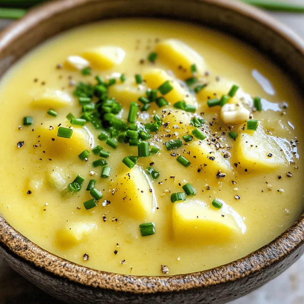 The potato garlic soup recipe shines with its simple yet flavorful ingredients. You need four large Yukon Gold potatoes. Their creamy texture makes the soup rich. Next, grab six cloves of minced garlic. Garlic gives the soup its warm, inviting flavor. You also want one medium onion, finely chopped. This adds sweetness and depth to the dish.